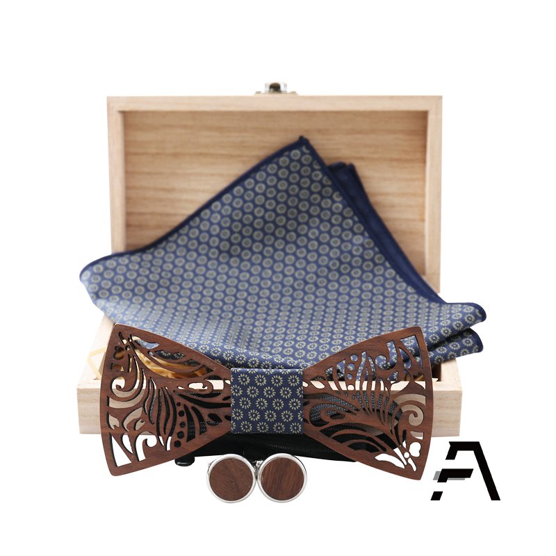 Natural wood cufflinks bow tie set with Handkerchief