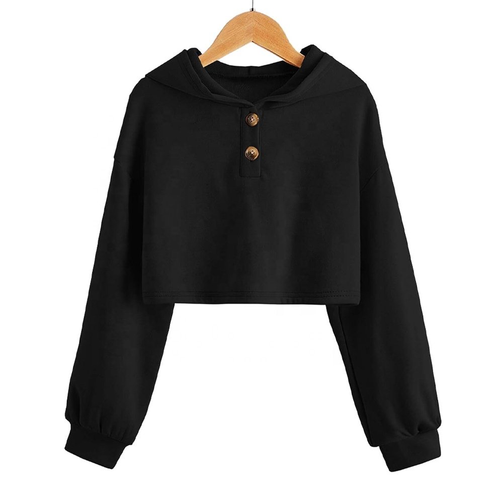 Women Cropped Hoodies Long Sleeve Custom Button Up Style Crop Top Pull Over Casual Fashion