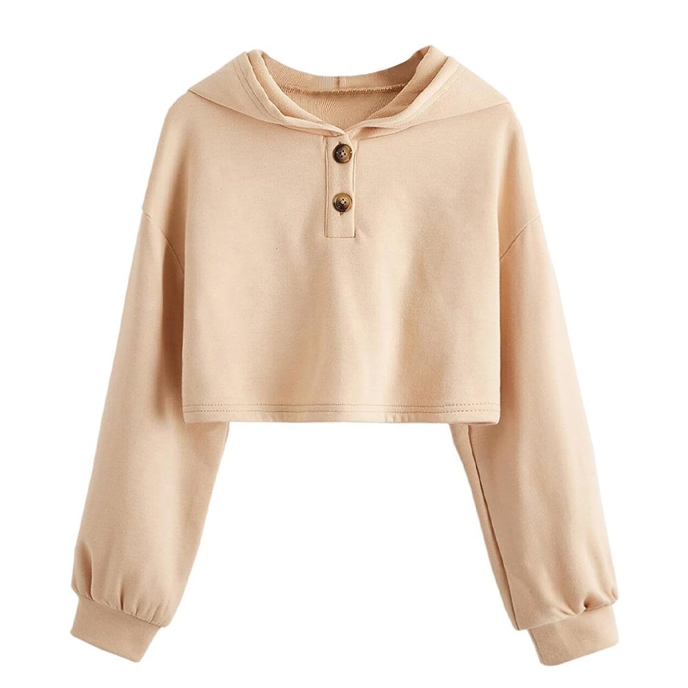 Women Cropped Hoodies Long Sleeve Custom Button Up Style Crop Top Pull Over Casual Fashion