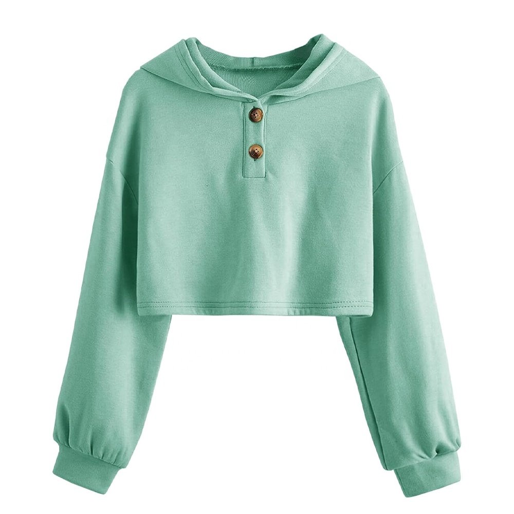 Women Cropped Hoodies Long Sleeve Custom Button Up Style Crop Top Pull Over Casual Fashion