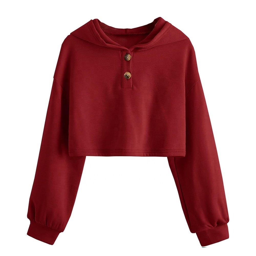 Women Cropped Hoodies Long Sleeve Custom Button Up Style Crop Top Pull Over Casual Fashion