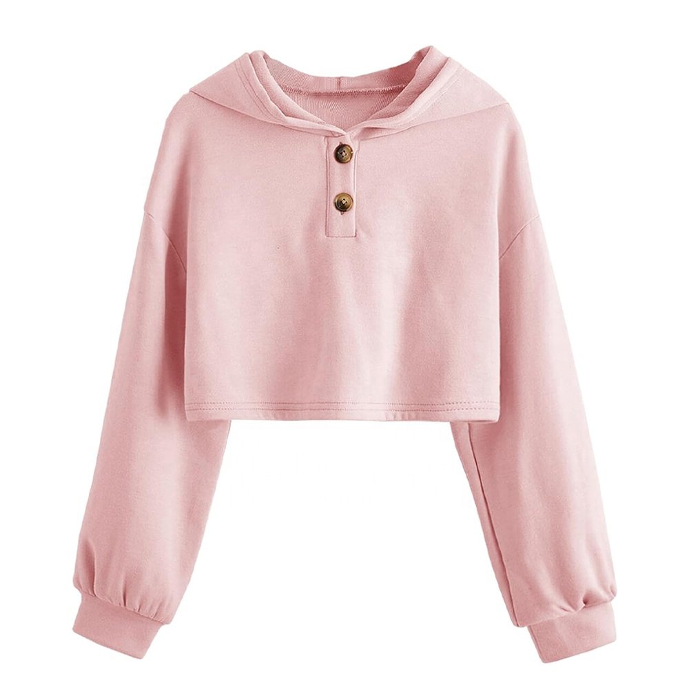 Women Cropped Hoodies Long Sleeve Custom Button Up Style Crop Top Pull Over Casual Fashion