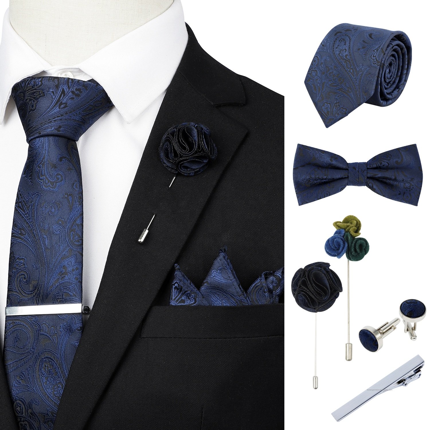 Custom Classical Formal 100% Polyester Cufflink Bowtie Handkerchief Necktie 8 Pieces Gift Box Sets For Men