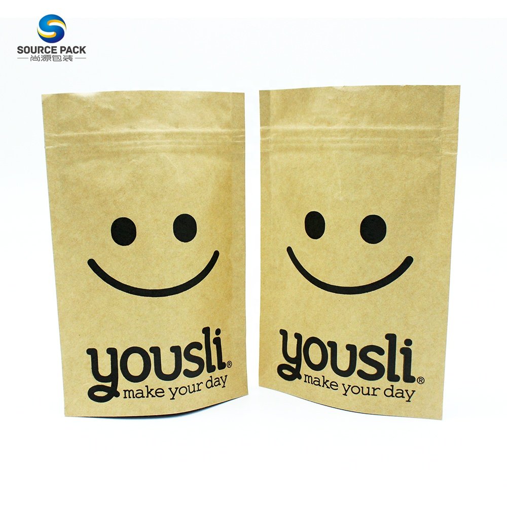 Wholesale Food Grade Standing Packaging Customized Brown Kraft Paper Bags With Ziplock Water Proof Pouch For Food