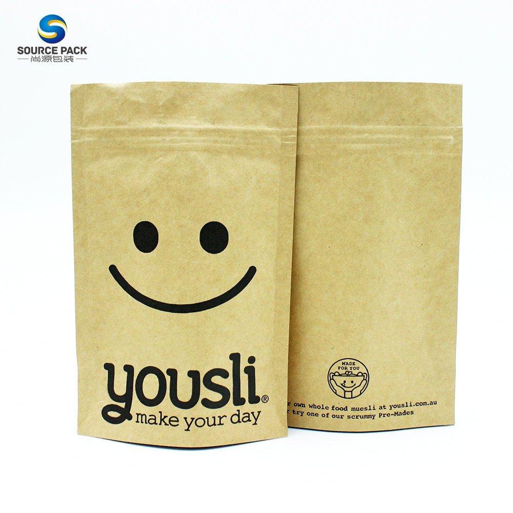 Wholesale Food Grade Standing Packaging Customized Brown Kraft Paper Bags With Ziplock Water Proof Pouch For Food