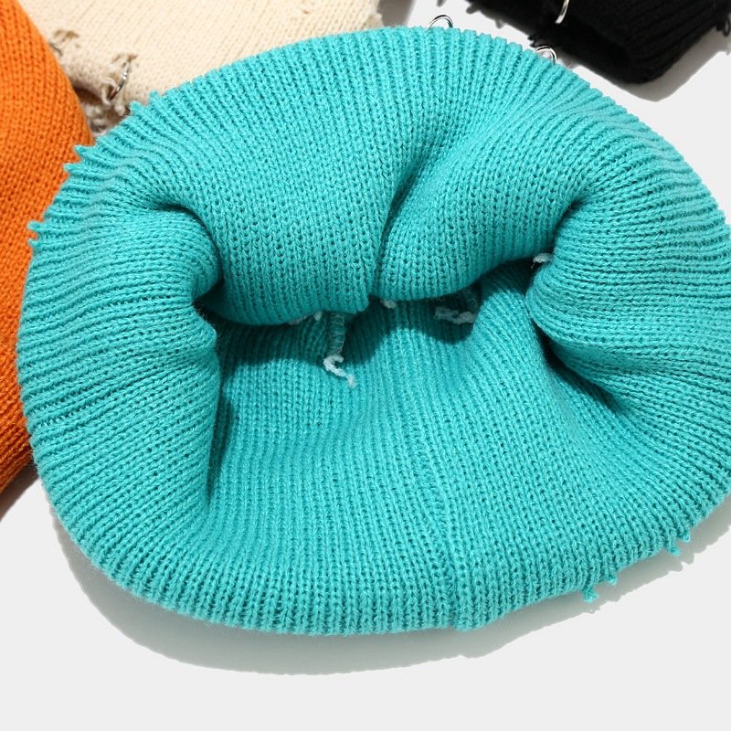 Fashion Streetwear Slouchy Distressed Woolen Reversible Beanie Cap Knit Cuffed Acrylic Knit Beanie Hat With Safety Pins