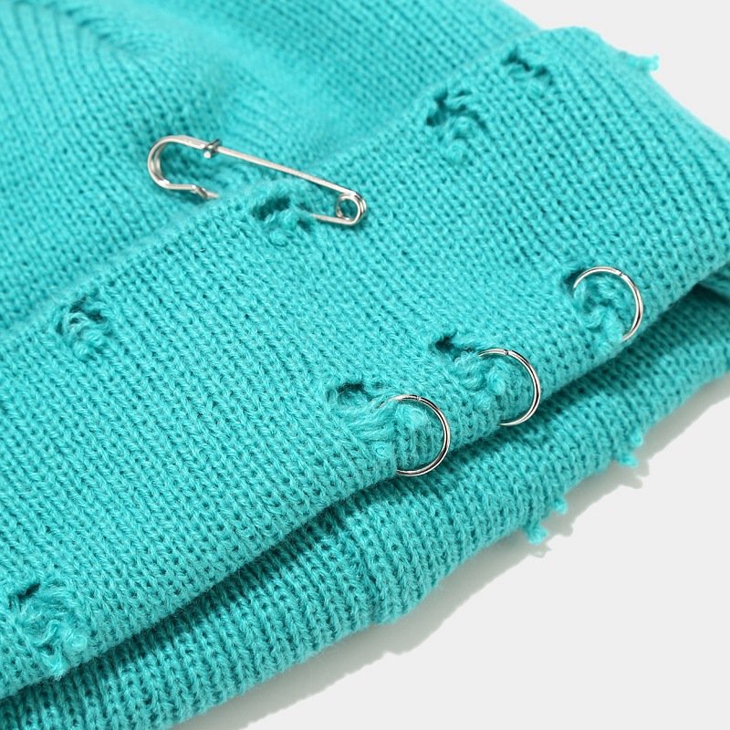 Fashion Streetwear Slouchy Distressed Woolen Reversible Beanie Cap Knit Cuffed Acrylic Knit Beanie Hat With Safety Pins