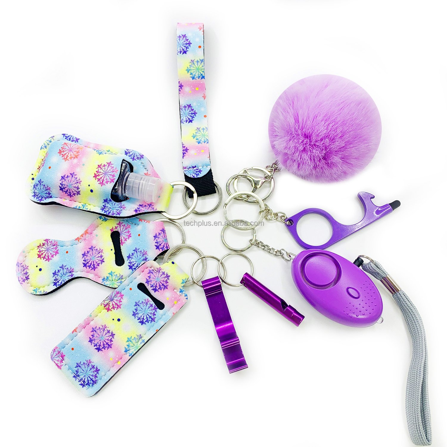 Multi function safety tool hand free no touch keychain sound alarm door opener self defense keychain for women girls-10pcs set
