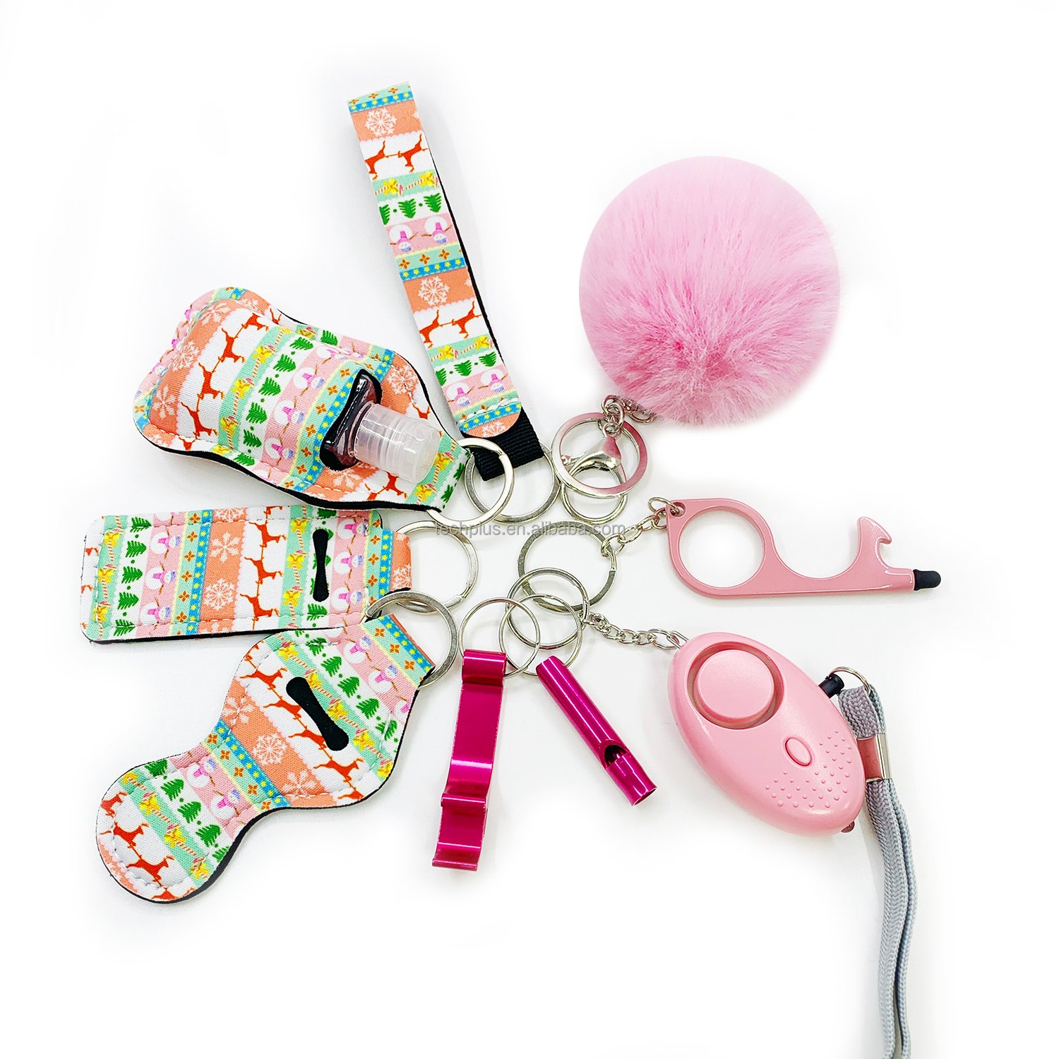 Multi function safety tool hand free no touch keychain sound alarm door opener self defense keychain for women girls-10pcs set