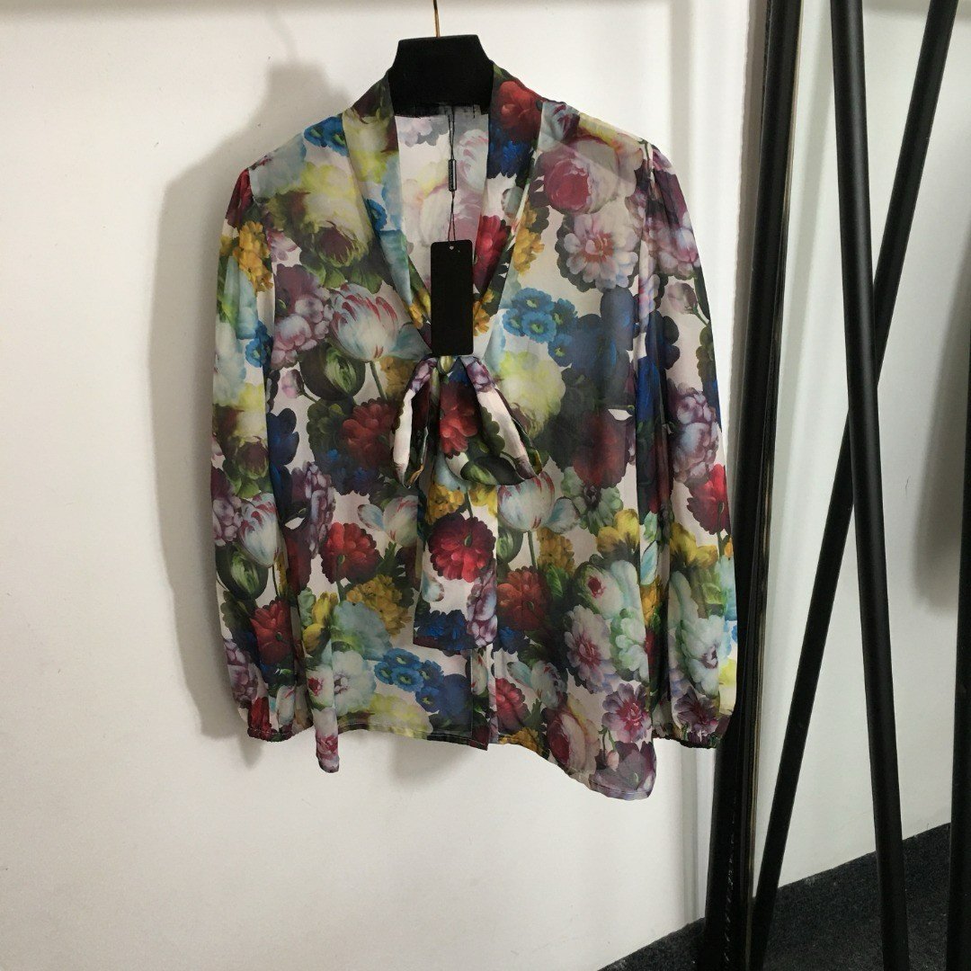New suit colorful flower print bow tie collar long sleeve shirt high waist medium long sheath skirt