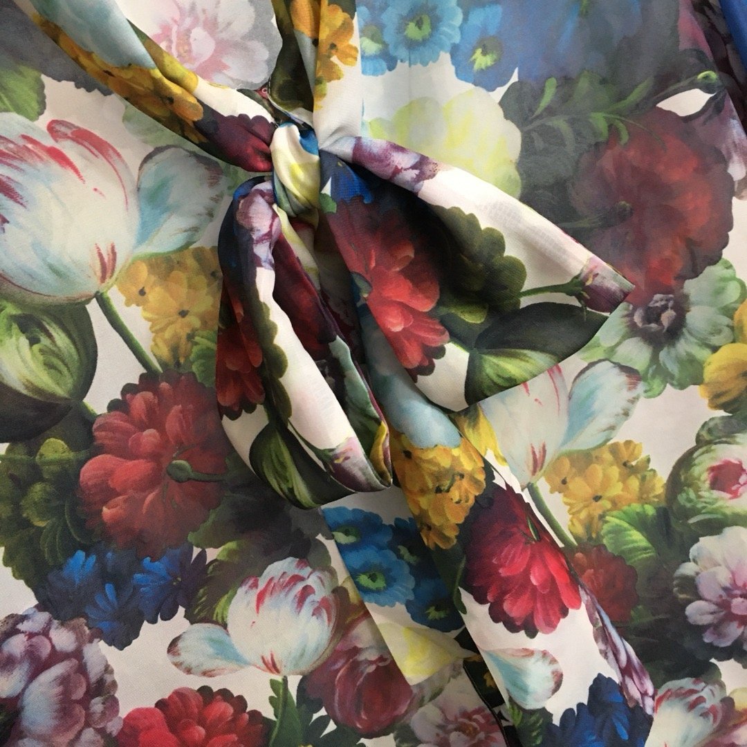New suit colorful flower print bow tie collar long sleeve shirt high waist medium long sheath skirt