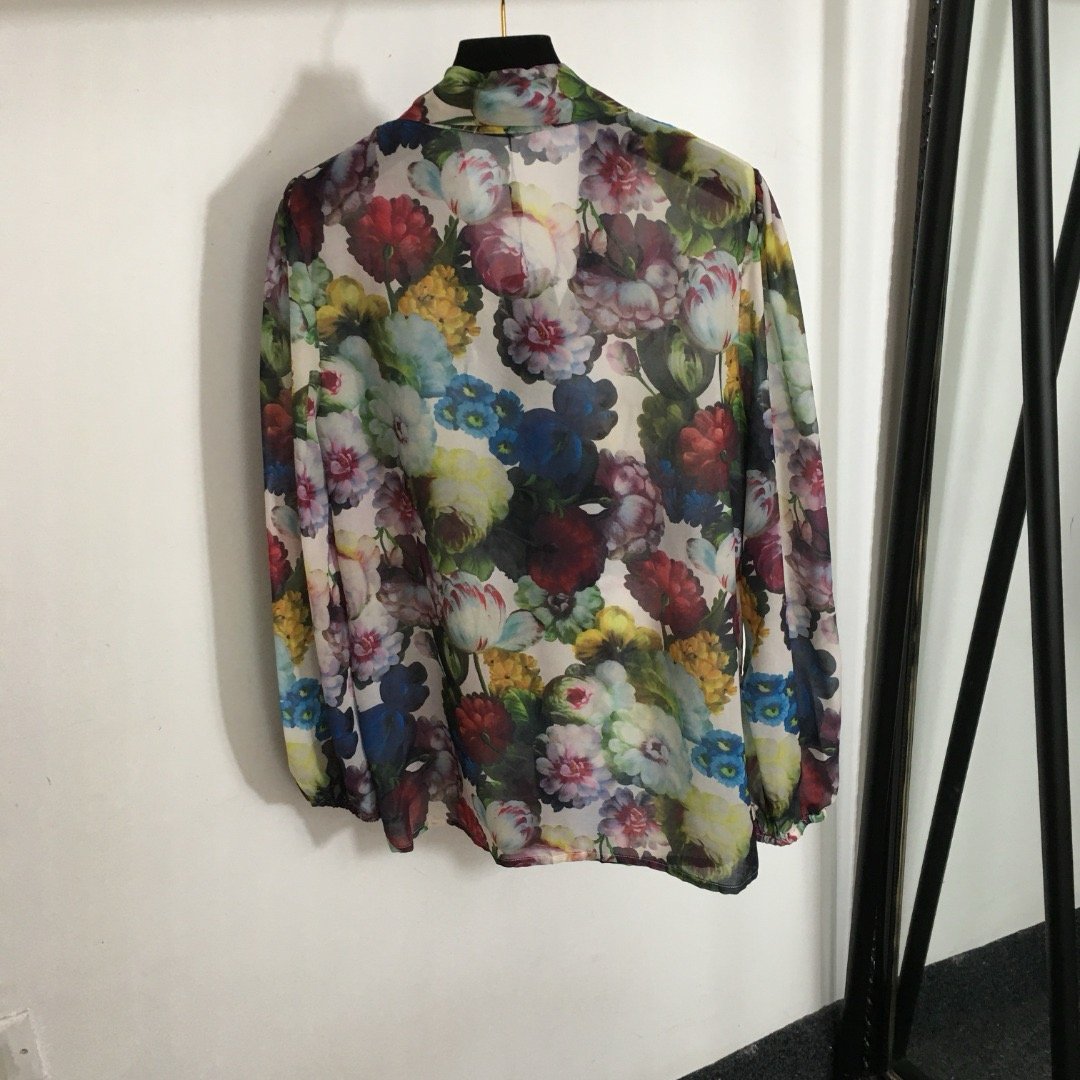 New suit colorful flower print bow tie collar long sleeve shirt high waist medium long sheath skirt