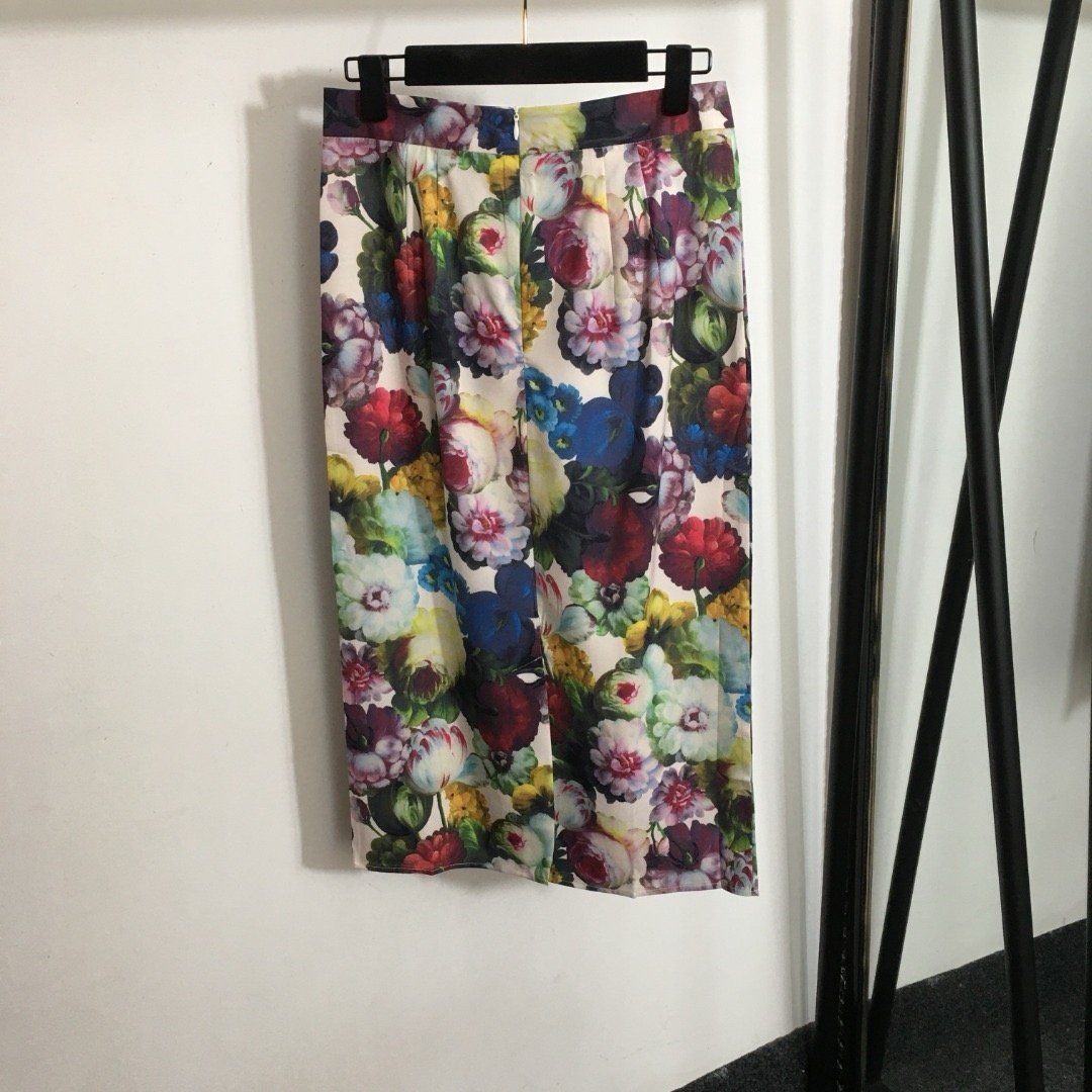 New suit colorful flower print bow tie collar long sleeve shirt high waist medium long sheath skirt