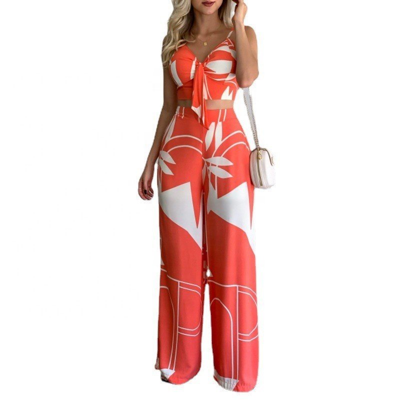 Women's Wrap V Neck Outfits Linen Sleeveless Cami Crop Top Wide Leg Long Pants Set 2 Piece Jumpsuits