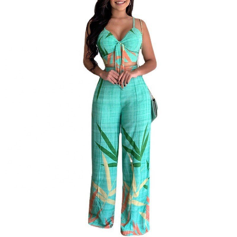 Women's Wrap V Neck Outfits Linen Sleeveless Cami Crop Top Wide Leg Long Pants Set 2 Piece Jumpsuits