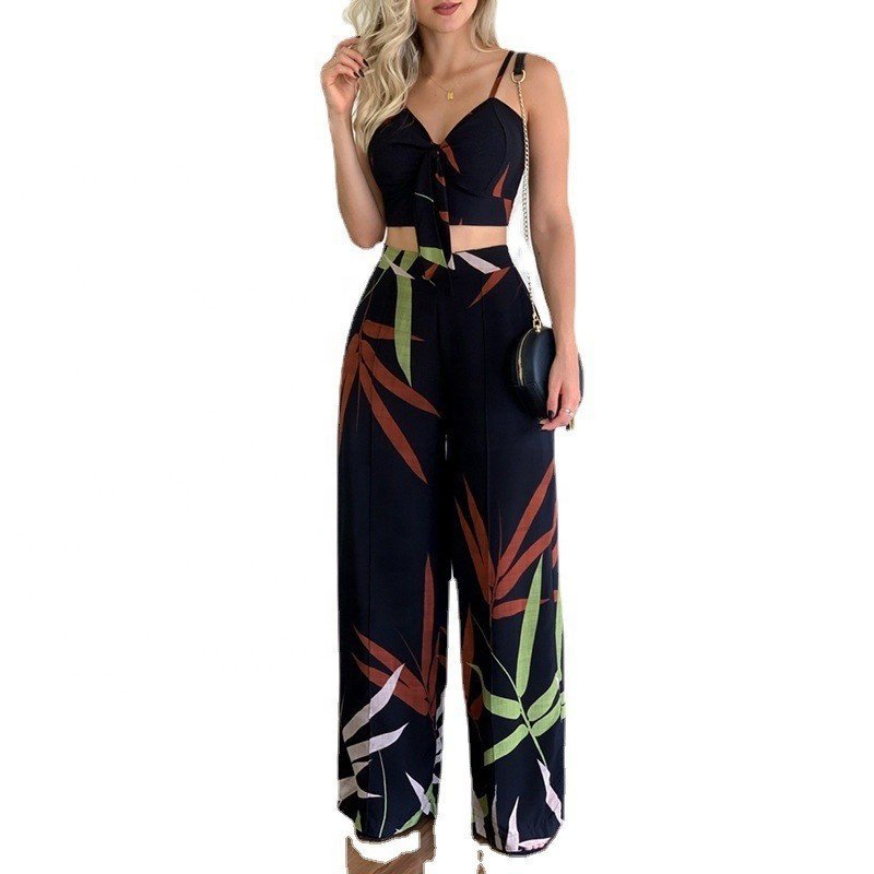 Women's Wrap V Neck Outfits Linen Sleeveless Cami Crop Top Wide Leg Long Pants Set 2 Piece Jumpsuits