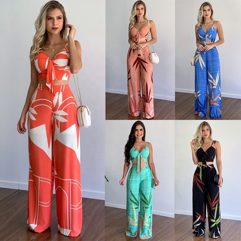Women's Wrap V Neck Outfits Linen Sleeveless Cami Crop Top Wide Leg Long Pants Set 2 Piece Jumpsuits