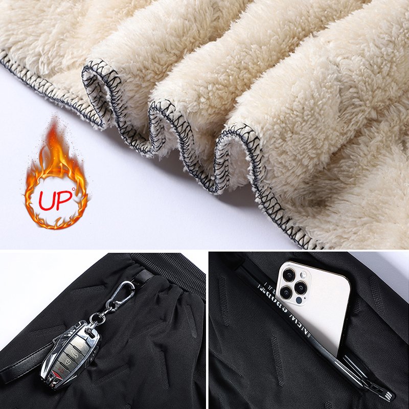Winter Zip Pockets Thicken Fleece Sweatpants Men Joggers Black Grey Down Cotton Warm Pants Male WaterProof Thermal Trousers