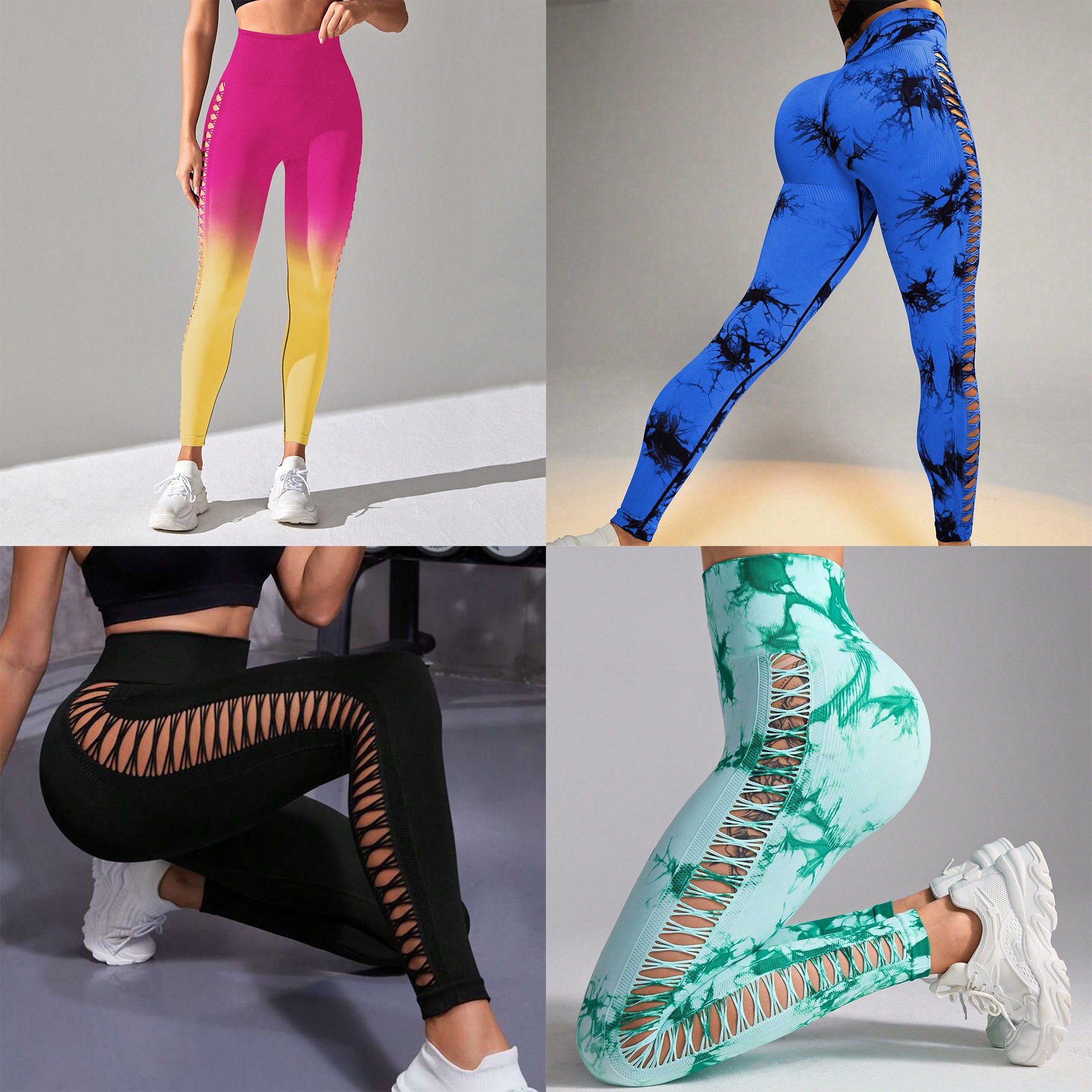New Arrival Sports Gym Outfits Breathable Hollow Mesh Design High Waist Tight Tie Dye Yoga Pants Leggings for Women
