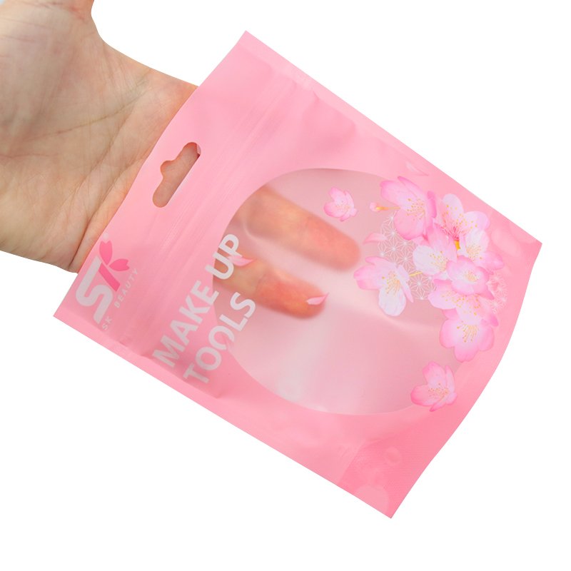 Custom Logo Matte Pink Plastic Zipper Bag Makeup Tools Plastic Package Clear Window Self-seal Pink Plastic Pouch with Hang Hole