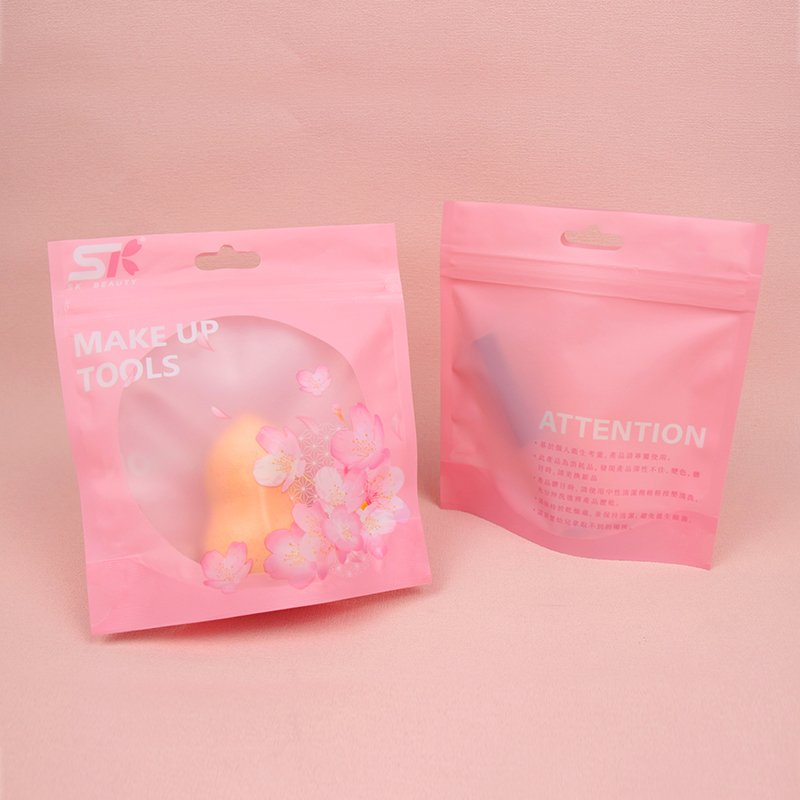 Custom Logo Matte Pink Plastic Zipper Bag Makeup Tools Plastic Package Clear Window Self-seal Pink Plastic Pouch with Hang Hole