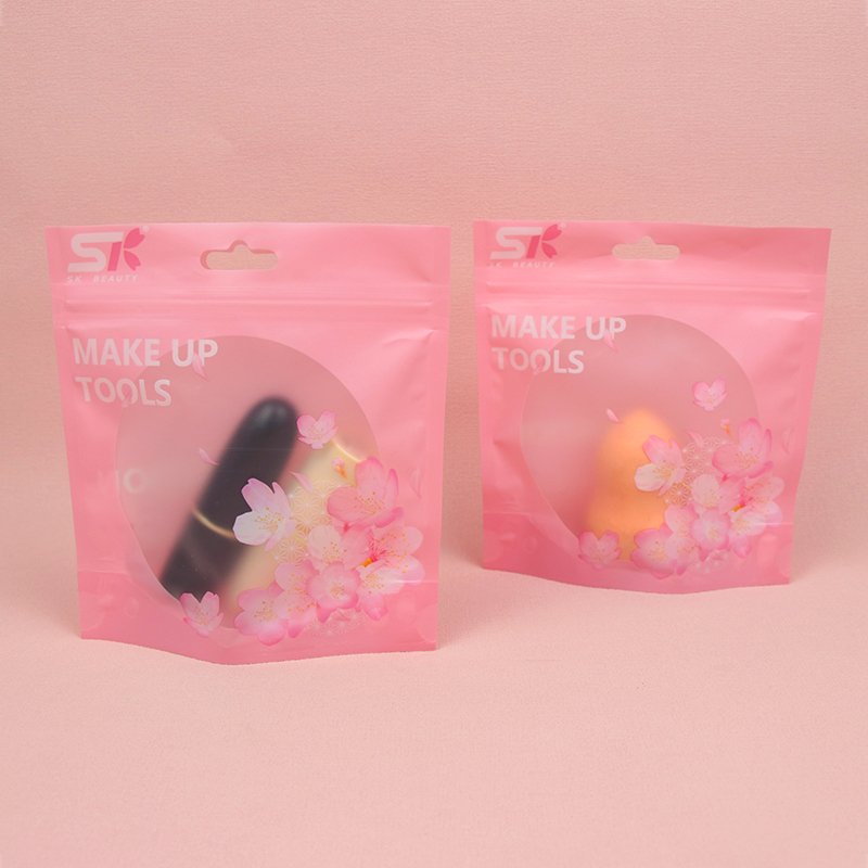 Custom Logo Matte Pink Plastic Zipper Bag Makeup Tools Plastic Package Clear Window Self-seal Pink Plastic Pouch with Hang Hole