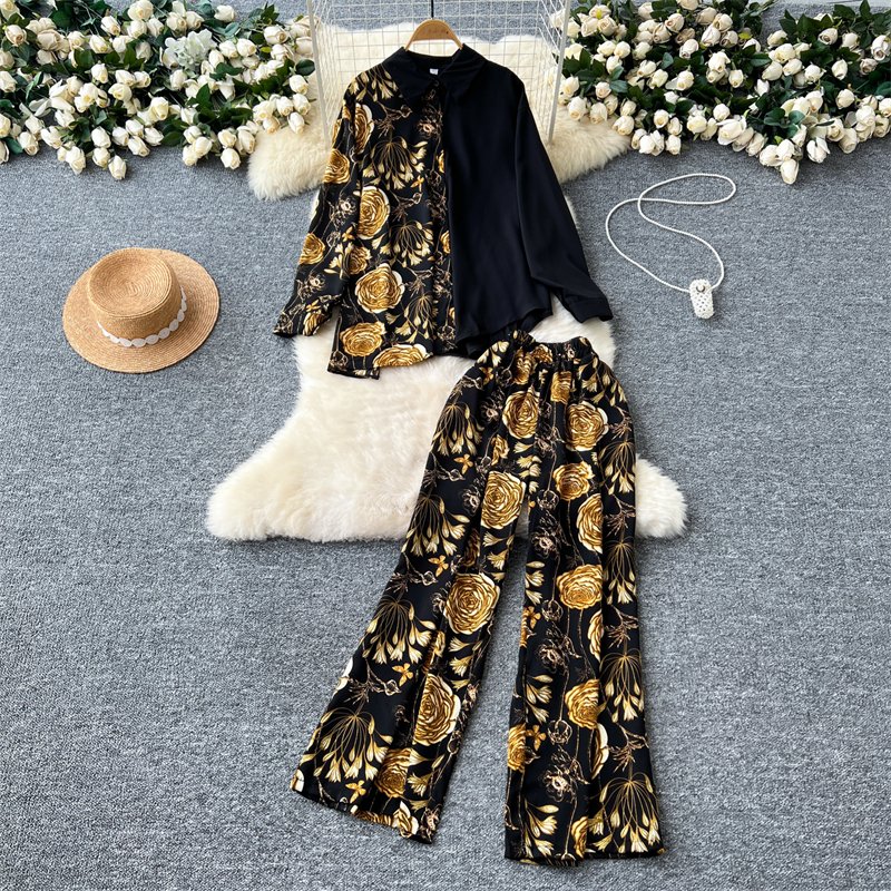 Women's Suit Irregular Long Sleeve Single Breasted Loose Top Shirt Two Piece High Waist Wide Leg Pants Set