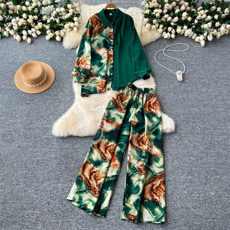 Women's Suit Irregular Long Sleeve Single Breasted Loose Top Shirt Two Piece High Waist Wide Leg Pants Set
