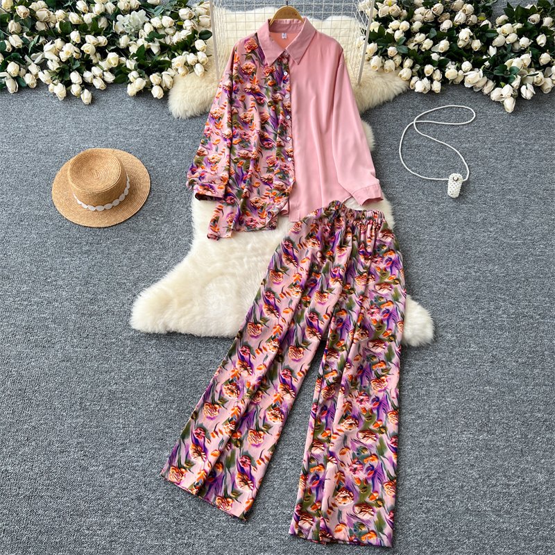 Women's Suit Irregular Long Sleeve Single Breasted Loose Top Shirt Two Piece High Waist Wide Leg Pants Set