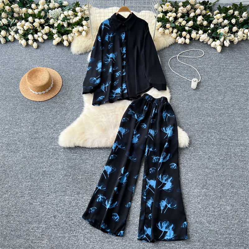 Women's Suit Irregular Long Sleeve Single Breasted Loose Top Shirt Two Piece High Waist Wide Leg Pants Set