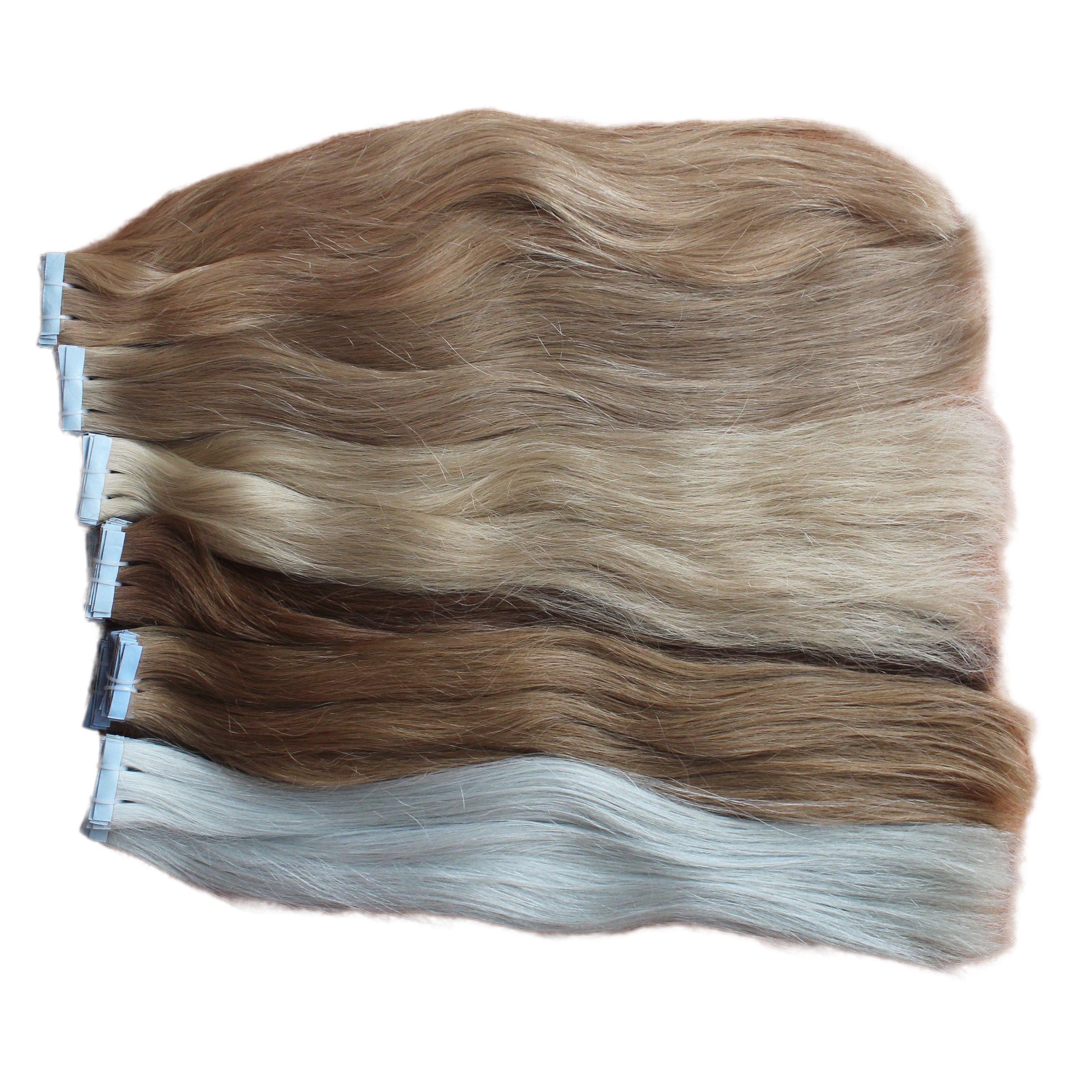 High Quality European Double Drawn Russian 100% Raw Human Hair Extensions Tapered Hand-Tied Tape Hair Enhancement