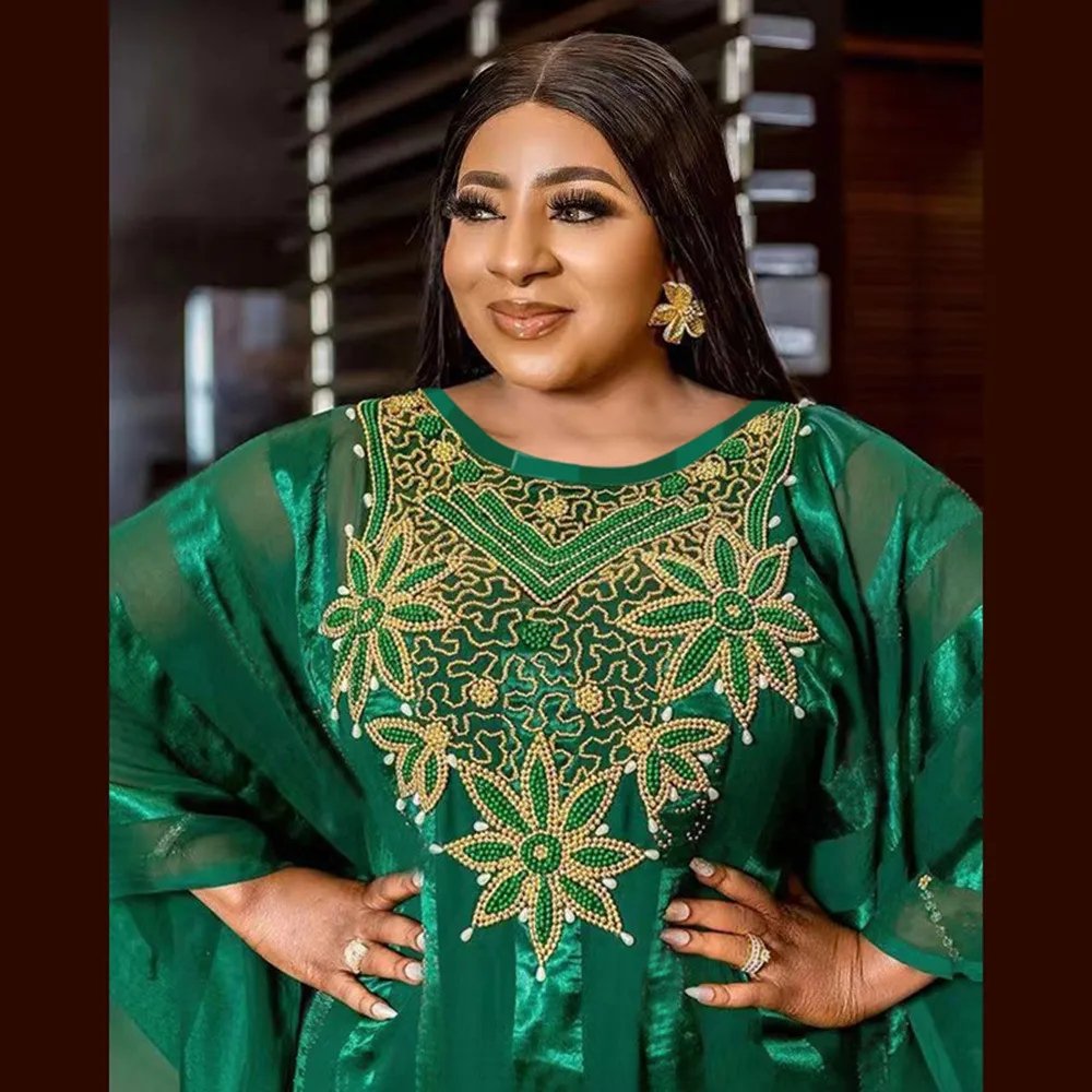 2023 Luxury Green Embroidery African Maxi Dress for Women Elegant Lady Wedding Evening Party Dresses Eid Muslim Kaftan Robe
