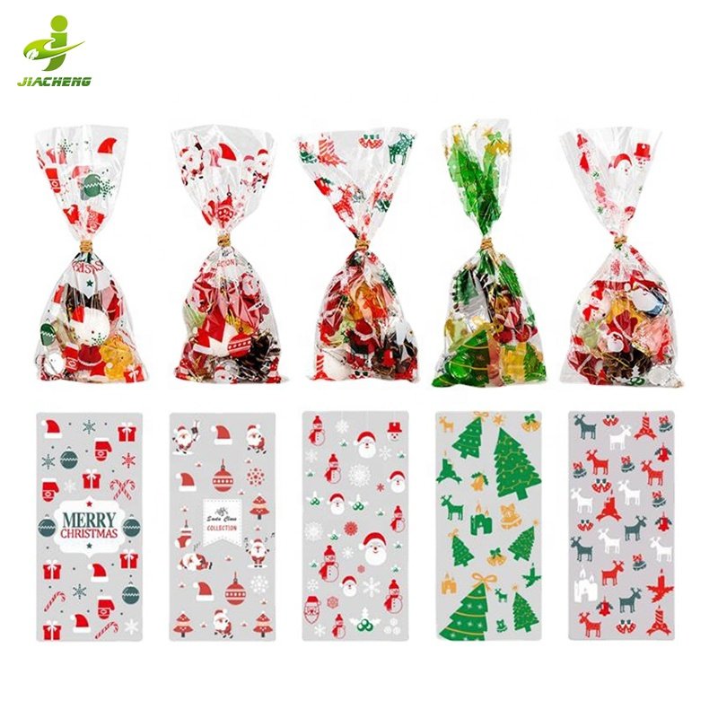 Food grade christmas self seal gift flat poly cello bag clear opp cellophane treat bags for gummy candy cookie with Twist Ties