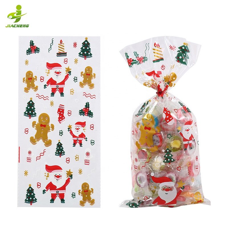 Food grade christmas self seal gift flat poly cello bag clear opp cellophane treat bags for gummy candy cookie with Twist Ties
