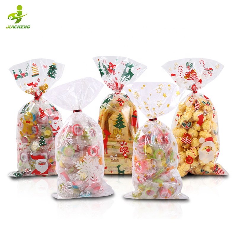 Food grade christmas self seal gift flat poly cello bag clear opp cellophane treat bags for gummy candy cookie with Twist Ties