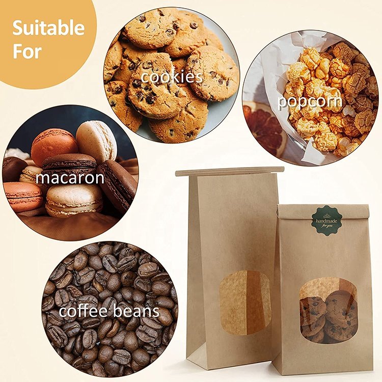 Multiple Uses keeps fresh Ziplock Kraft Paper Cookie Bags Customized Print Flat Bottom Tin Tie Tab Lock Brown Window Coffee Bags