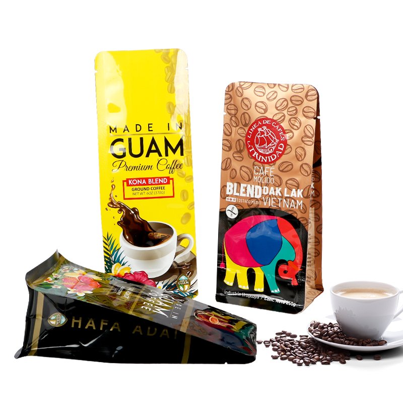 Custom printed stand up flat bottom coffee bean pouch 12oz eight side sealed coffee bag packaging with logo valve zipper