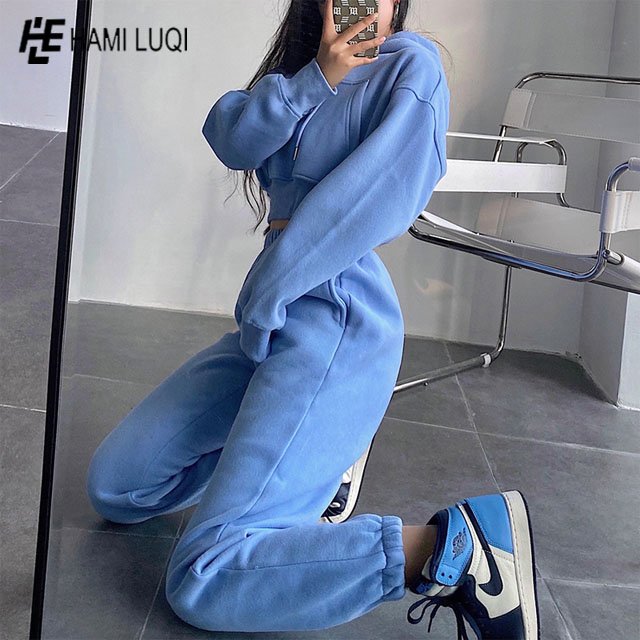 Wholesale Custom Women's 2 Piece Workout Pullover Cotton long sleeve crop hoodies Pants Set Jogger Set women Casual 2 piece sets