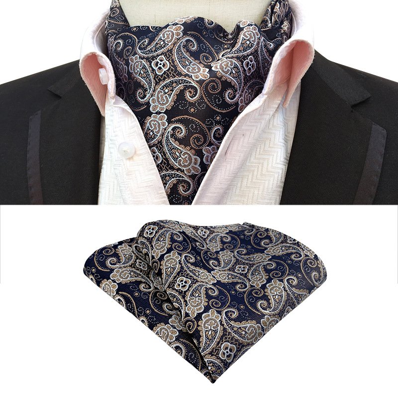 Custom Wholesale Polyester Paisley Handkerchief Ascot Set Folard Ascot Classic Polyester Ties For Men