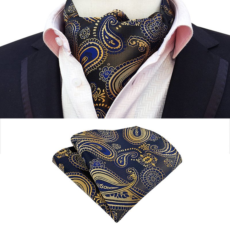 Custom Wholesale Polyester Paisley Handkerchief Ascot Set Folard Ascot Classic Polyester Ties For Men