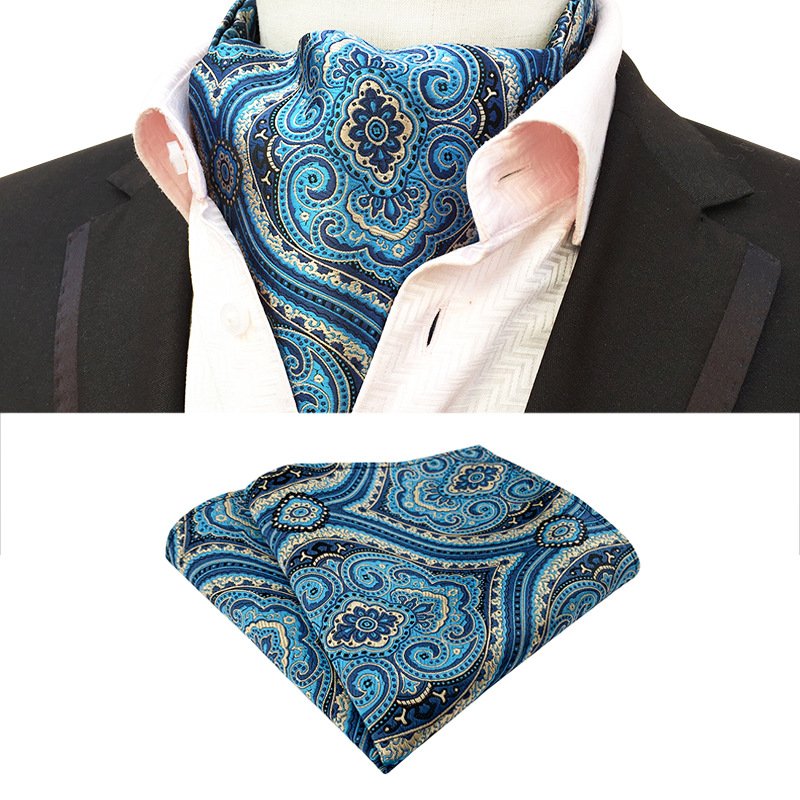 Custom Wholesale Polyester Paisley Handkerchief Ascot Set Folard Ascot Classic Polyester Ties For Men