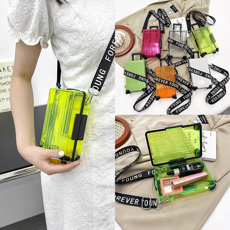 Wholesale Price Colorful Plastic Mini Luggage Diagonal Straddle Transparent Tie Rod Makeup Travel Case Storage Box