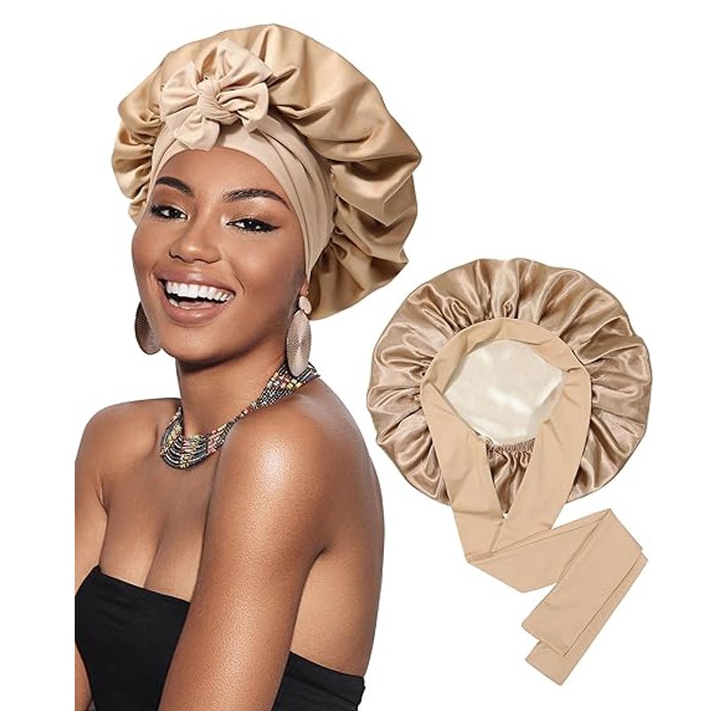 Satin Bonnet for Sleeping Double Layer Satin Lined Hair Bonnet with Tie Band Reversible Bonnets for Women Natural Curly Hair