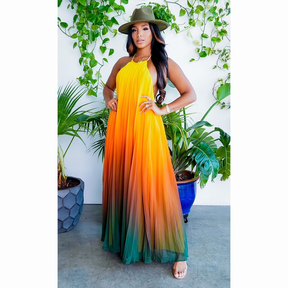 Women Summer Clothes Cover Ups African Dresses Halter Sleeveless Gradient Print Beach Holiday Long Dress Maxi Dress