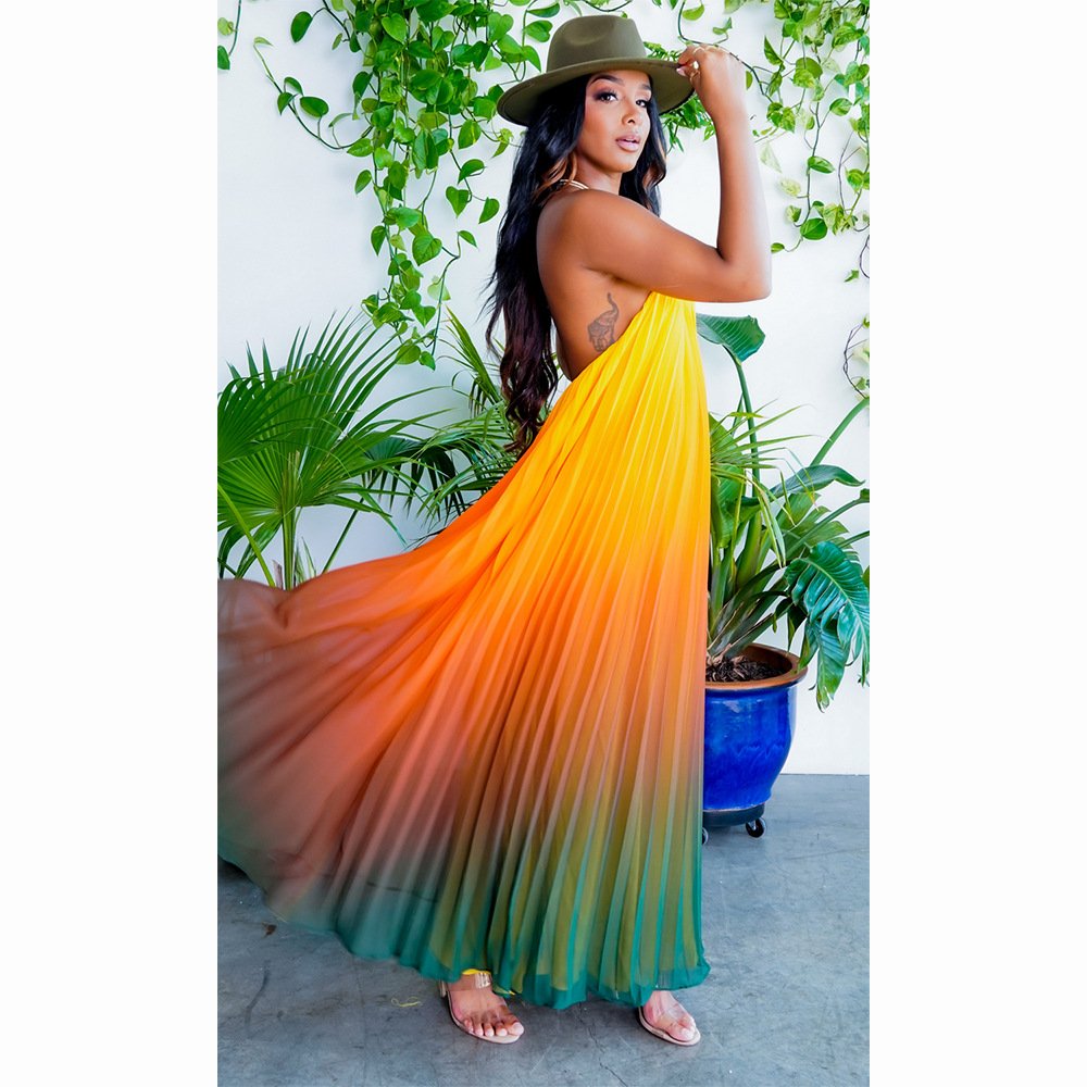 Women Summer Clothes Cover Ups African Dresses Halter Sleeveless Gradient Print Beach Holiday Long Dress Maxi Dress