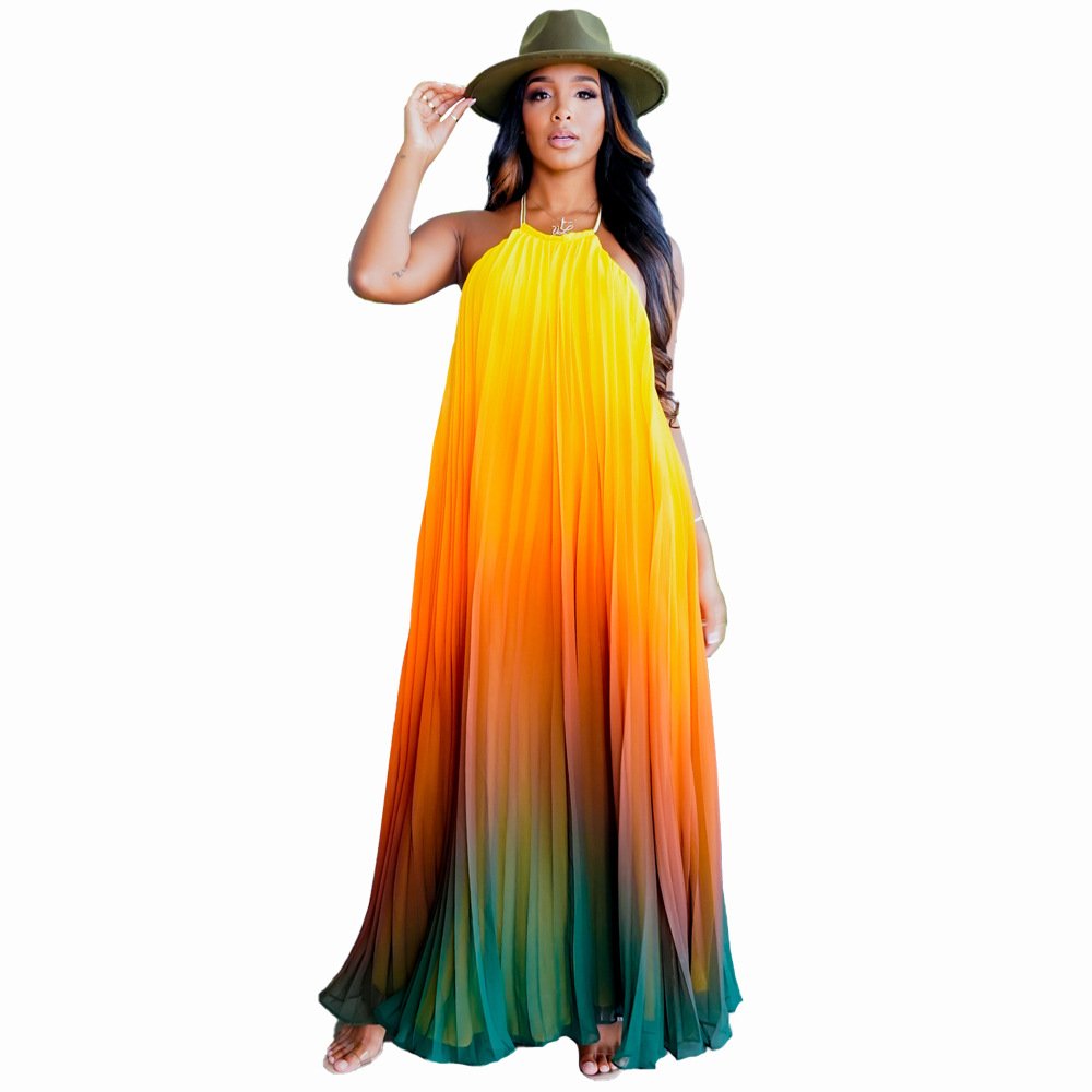 Women Summer Clothes Cover Ups African Dresses Halter Sleeveless Gradient Print Beach Holiday Long Dress Maxi Dress