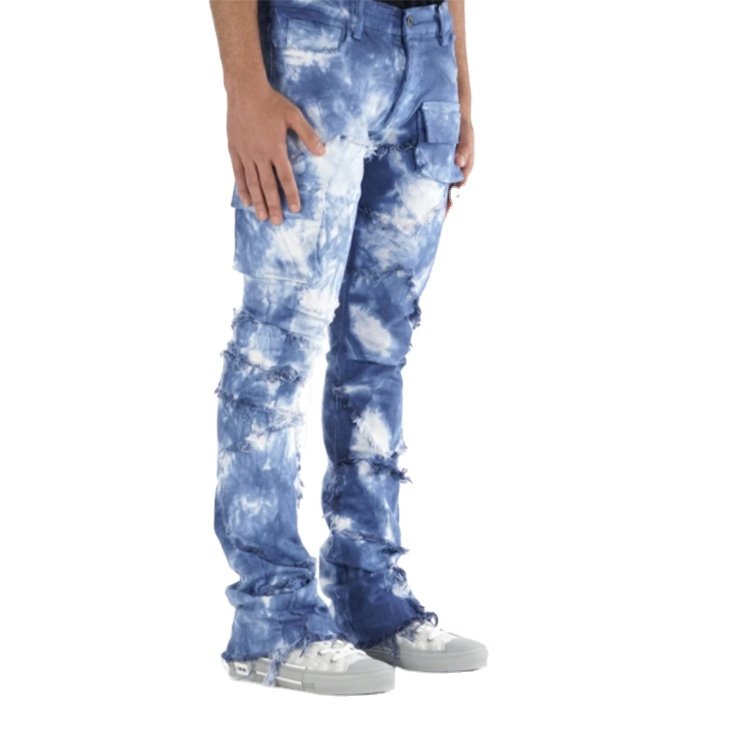 Customized Logo Distressed Ripped Homme Fashion Tie Dye Skinny Denim Stacked Jeans For Men