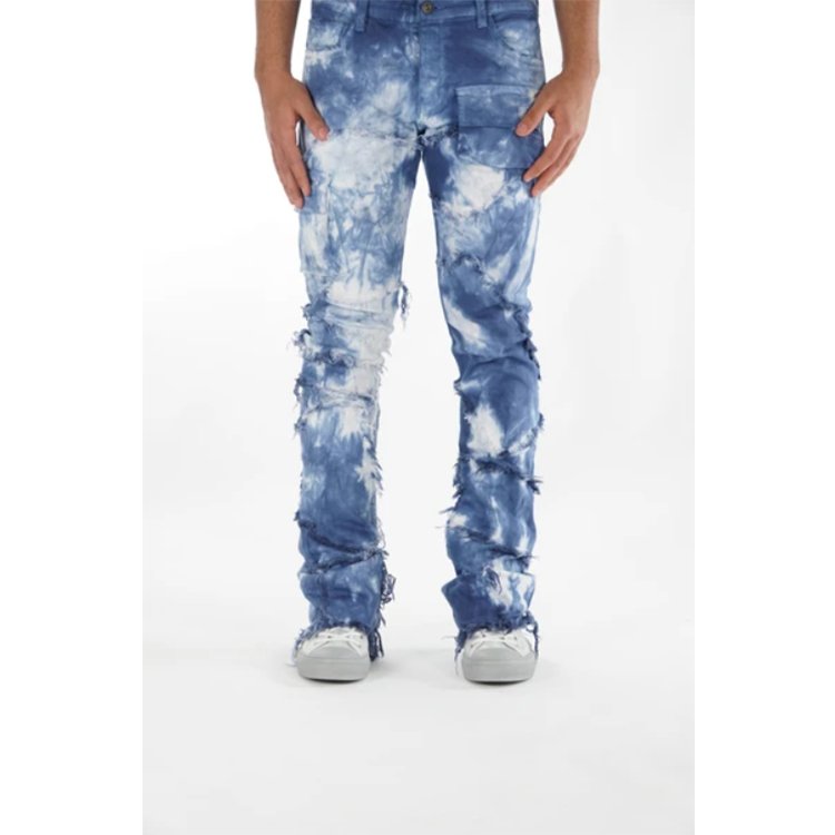 Customized Logo Distressed Ripped Homme Fashion Tie Dye Skinny Denim Stacked Jeans For Men