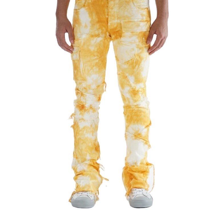 Customized Logo Distressed Ripped Homme Fashion Tie Dye Skinny Denim Stacked Jeans For Men