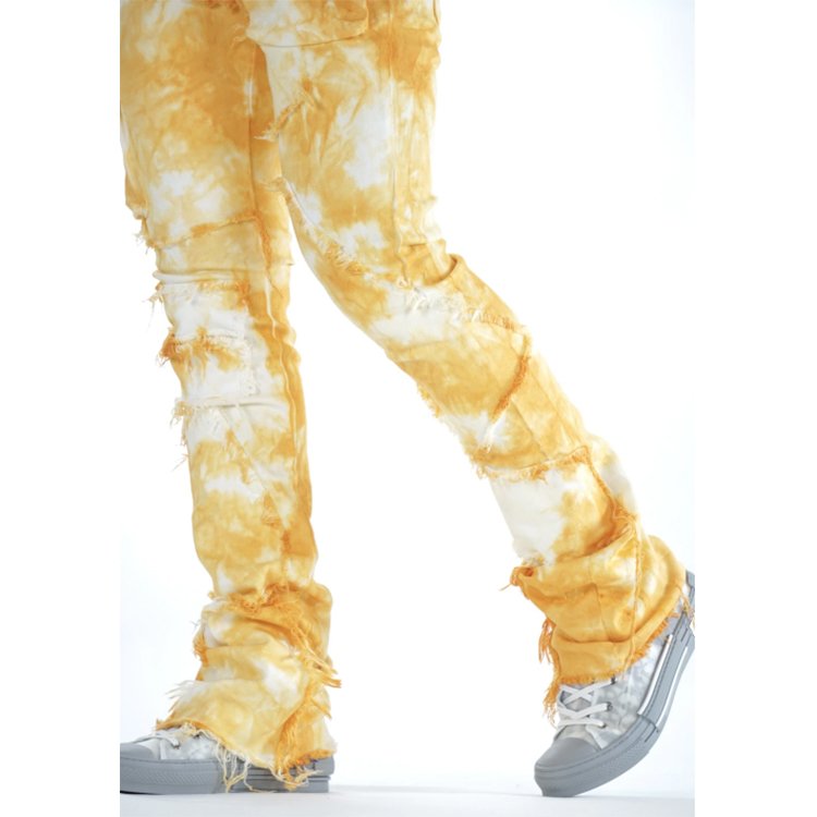 Customized Logo Distressed Ripped Homme Fashion Tie Dye Skinny Denim Stacked Jeans For Men